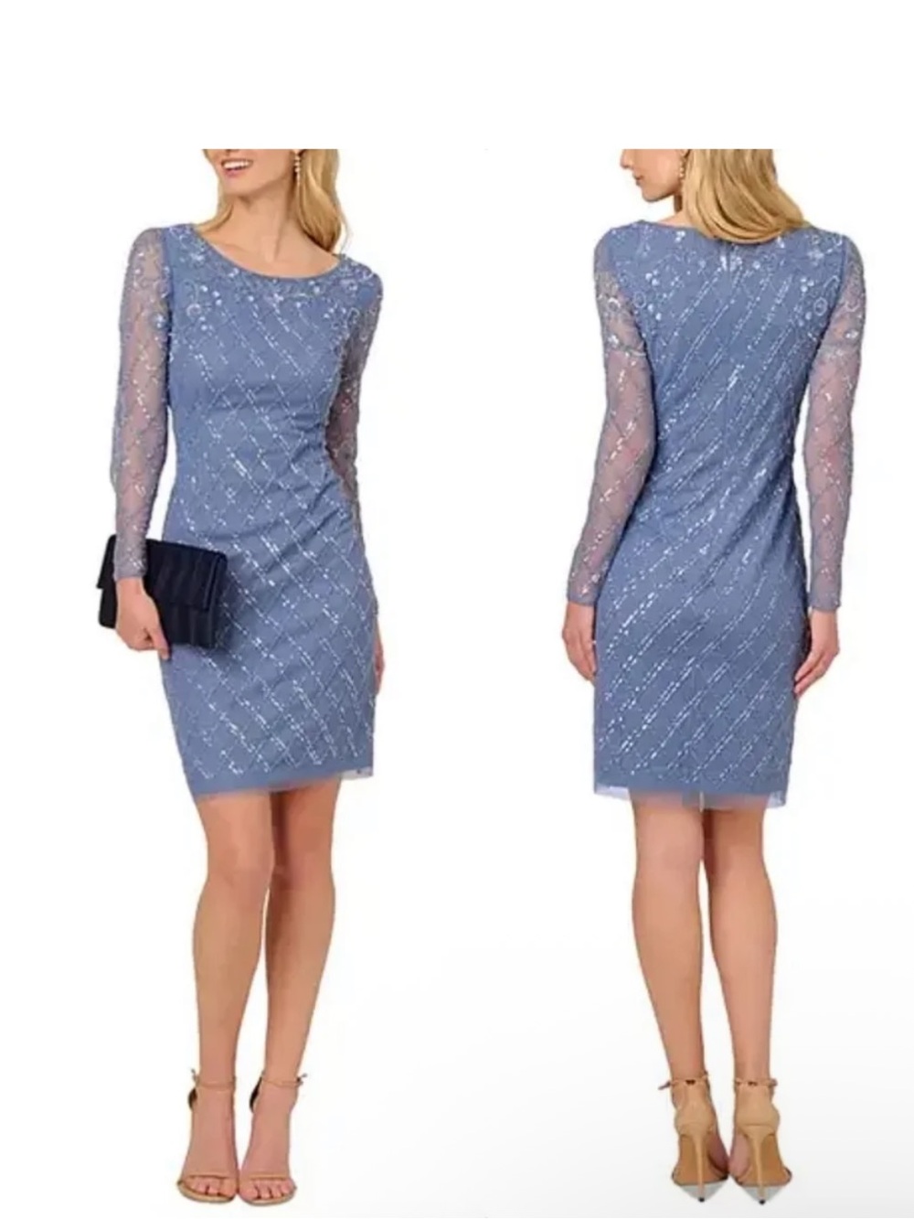 Adrianna Papell Beaded Illusion Long Sleeve Cocktail Dress in French Blue sz 14
